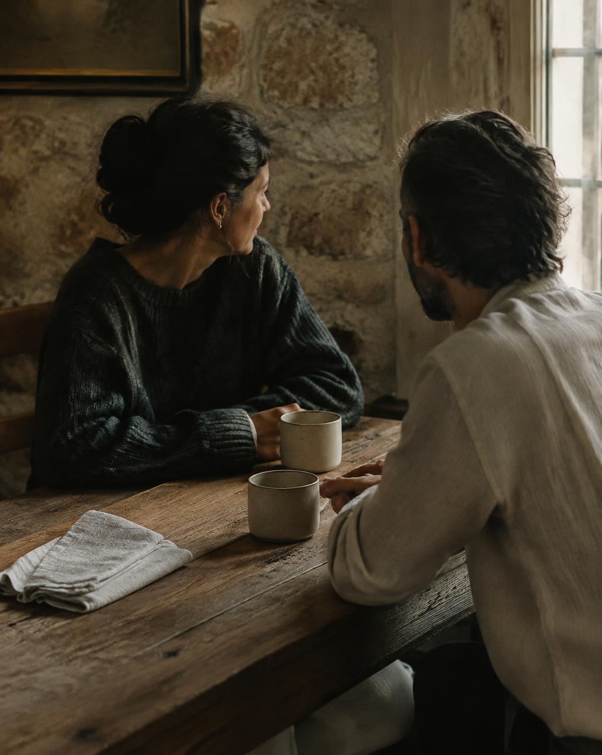 Two people in quiet conversation at a wooden table in a stone-walled room
