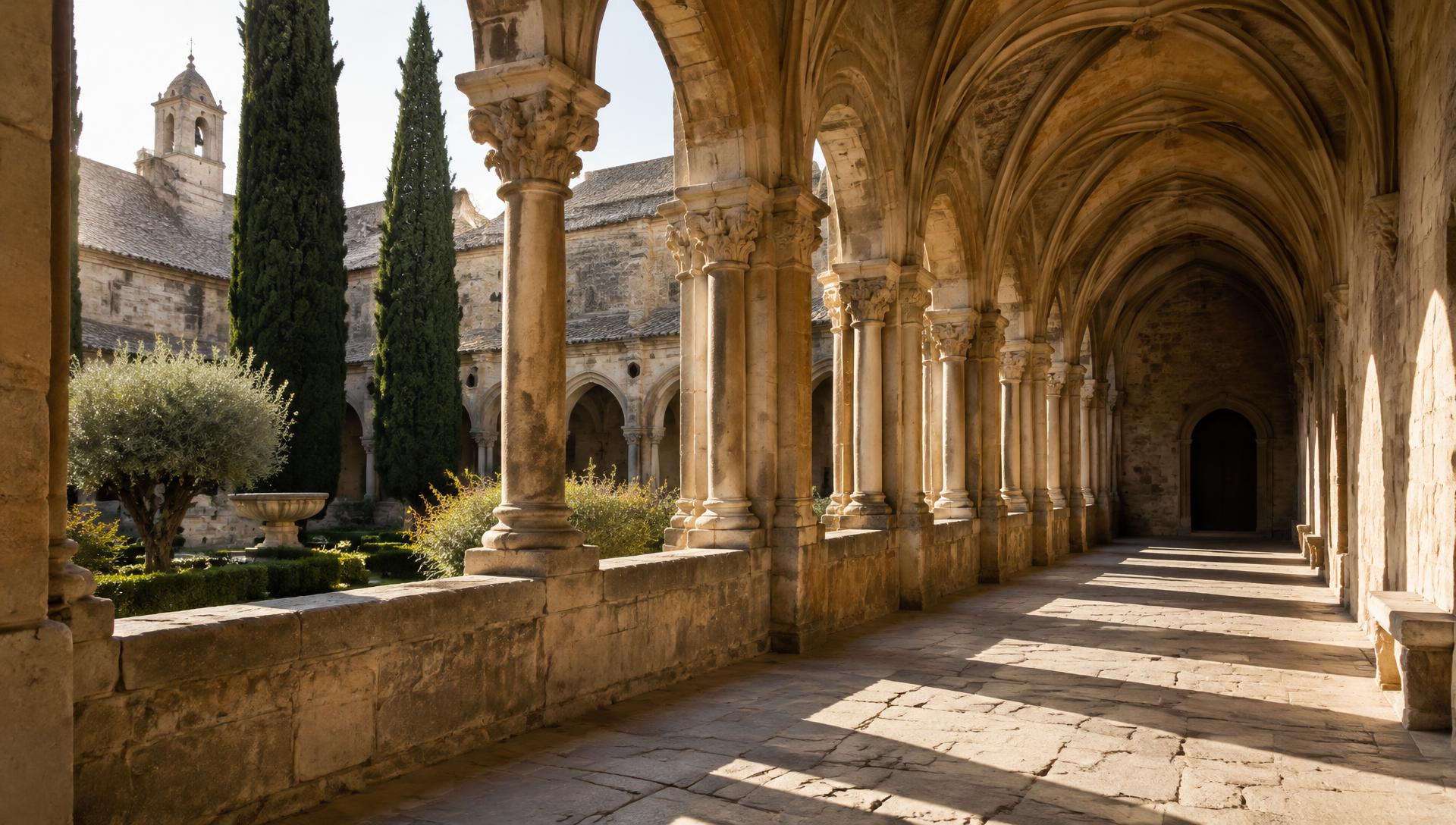Sunlit arcade of an old European stone cloister beside a quiet garden courtyard